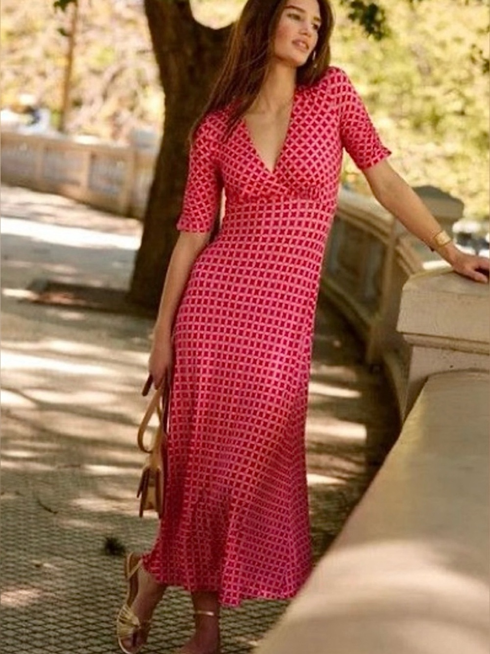 Boden Red-Pink Geometric V-Neck Midi Dress